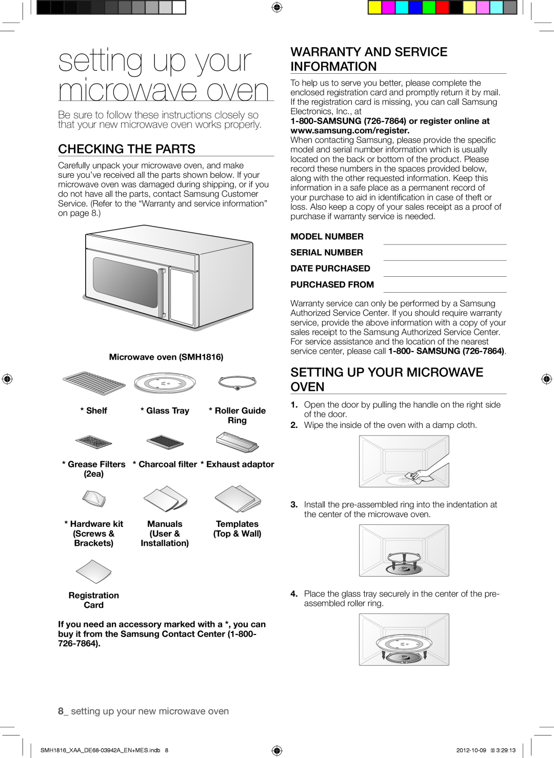 Samsung SMH1816B setting up your microwave oven, Checking The Parts, Warranty And Service Information, Shelf, Glass Tray 