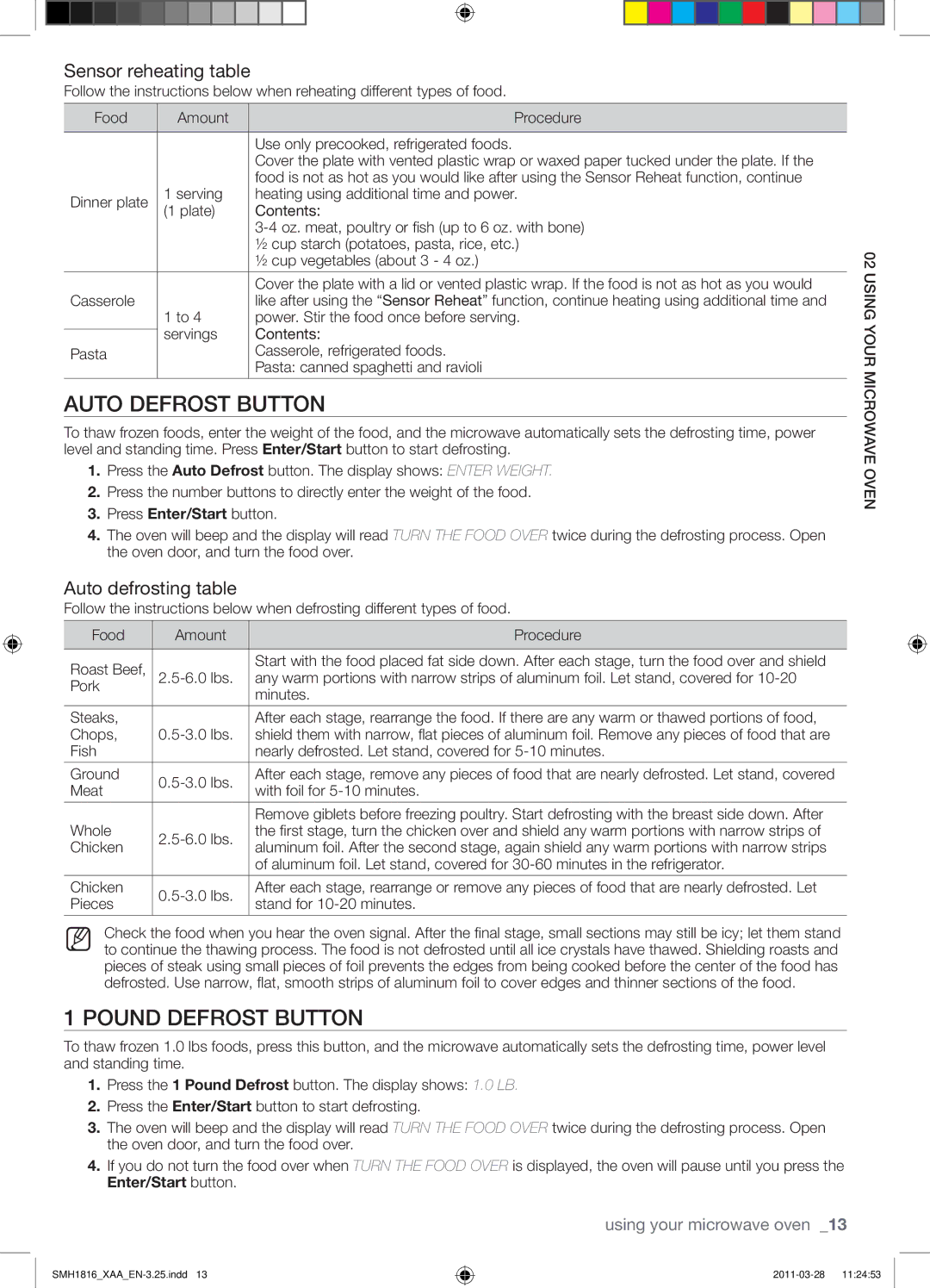 Samsung SMH1816S, SMH1816B Auto Defrost Button, Pound Defrost Button, Sensor reheating table, Auto defrosting table 