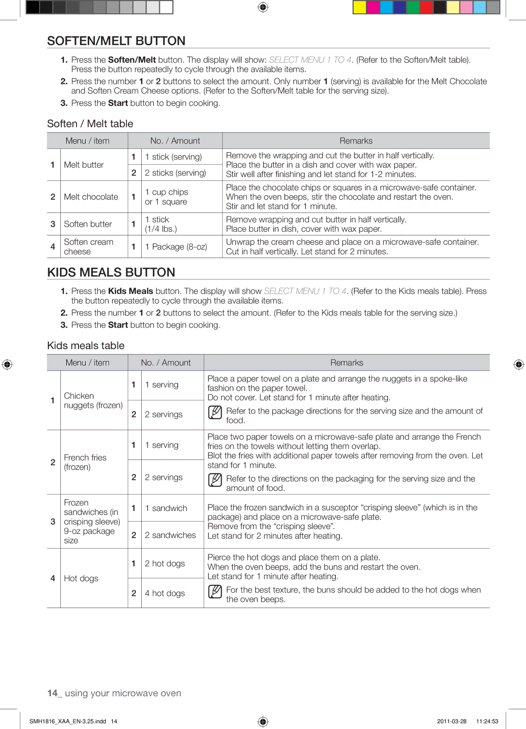 Samsung SMH1816W, SMH1816B, SMH1816S user manual SOFTEN/MELT Button, Kids Meals Button, Soften / Melt table, Kids meals table 