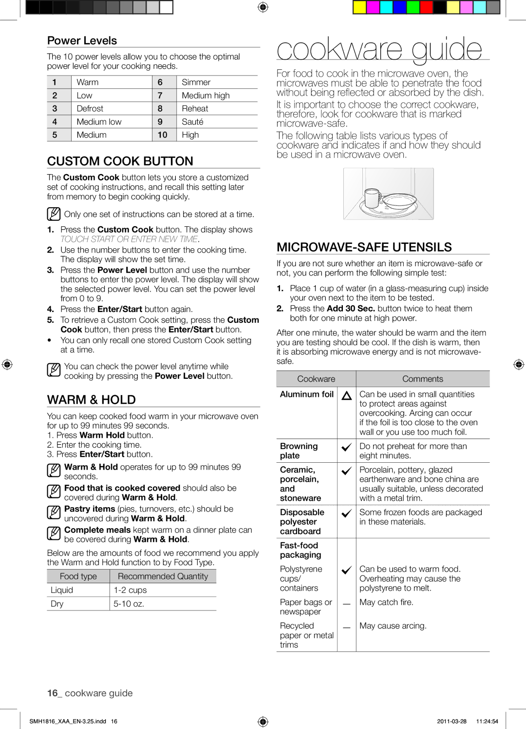 Samsung SMH1816S, SMH1816B, SMH1816W Cookware guide, Custom Cook Button, Warm & Hold, MICROWAVE-SAFE Utensils, Power Levels 