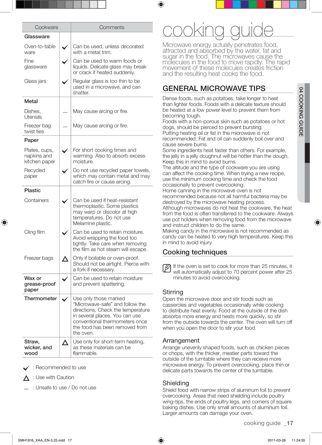 Samsung SMH1816W, SMH1816B, SMH1816S user manual Cooking guide, General Microwave Tips, Cooking techniques 