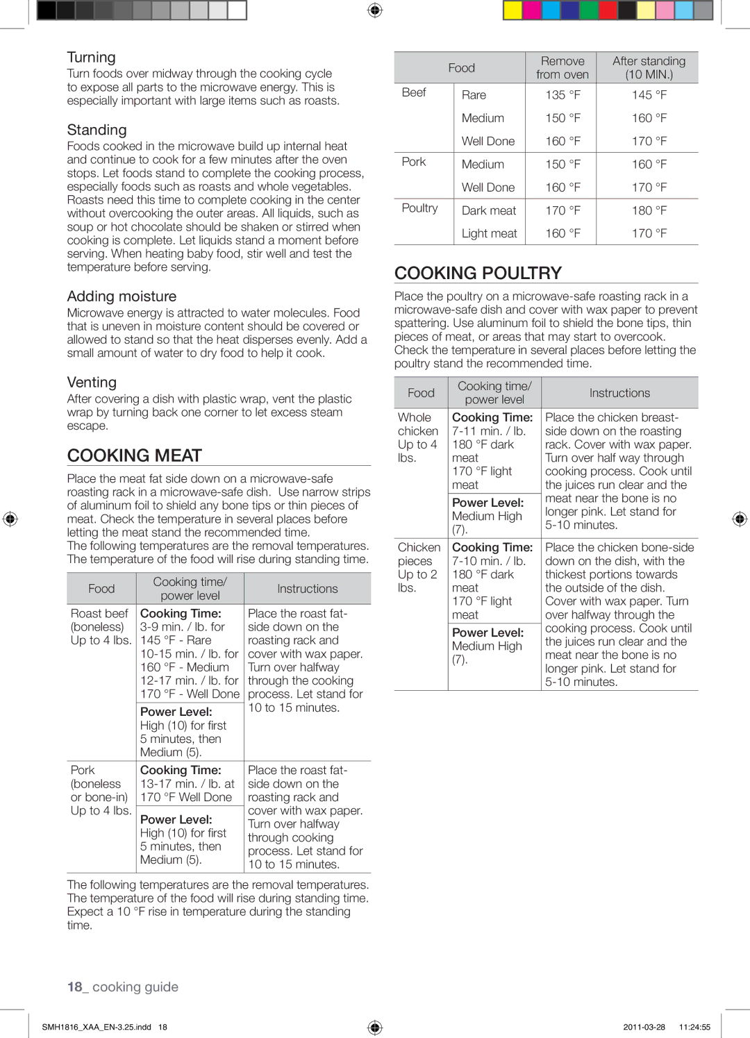 Samsung SMH1816B, SMH1816S, SMH1816W user manual Cooking Meat, Cooking Poultry 