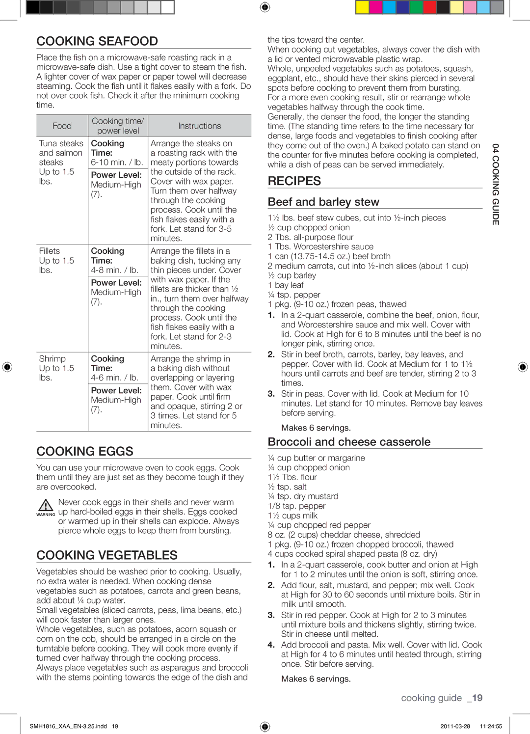 Samsung SMH1816S, SMH1816B, SMH1816W user manual Cooking Seafood, Cooking Eggs, Cooking Vegetables, Recipes 