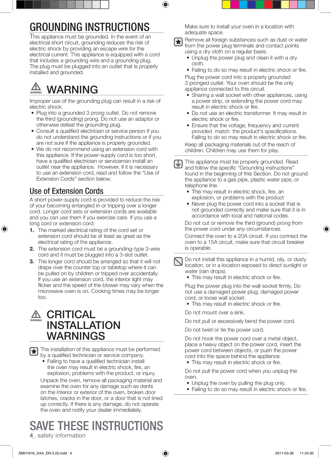 Samsung SMH1816S, SMH1816B, SMH1816W user manual Grounding Instructions 