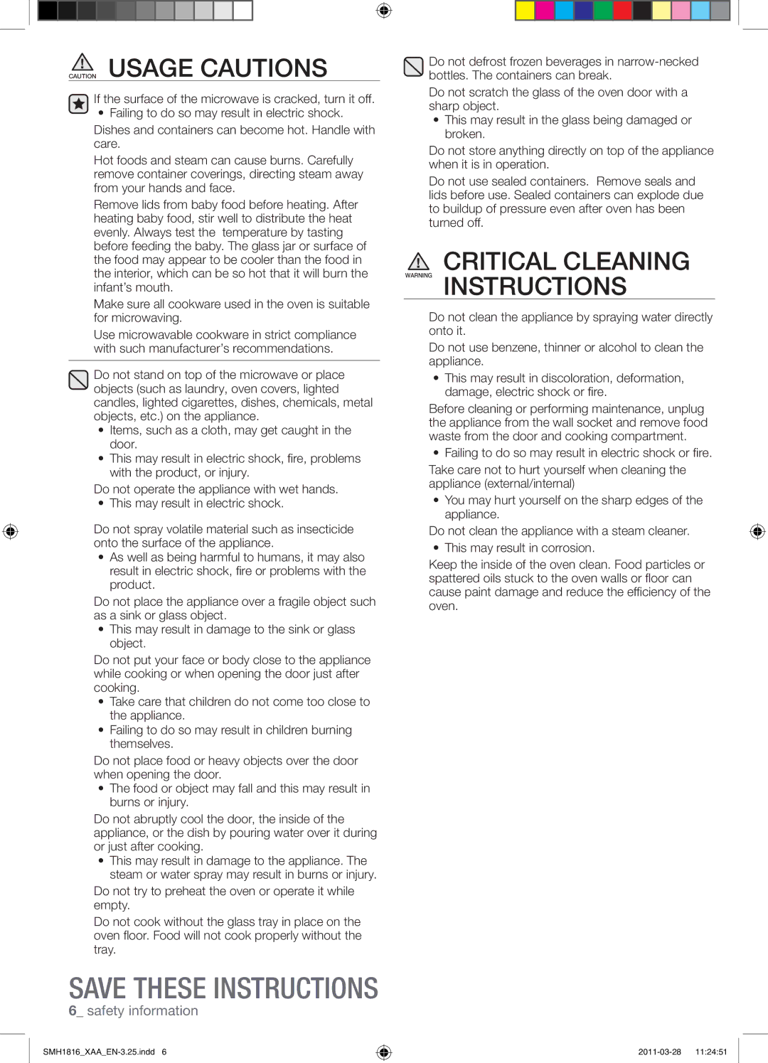 Samsung SMH1816B, SMH1816S, SMH1816W user manual Critical Cleaning Warning Instructions 