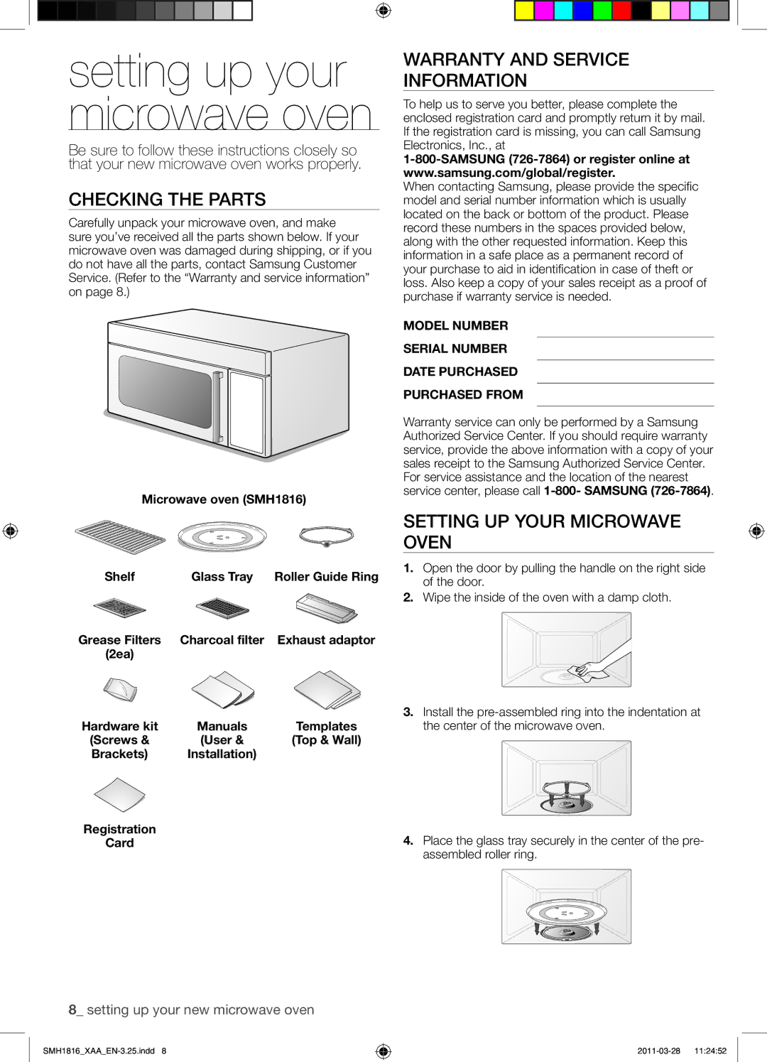 Samsung SMH1816W, SMH1816B, SMH1816S Checking the Parts, Warranty and Service Information, Setting UP Your Microwave Oven 