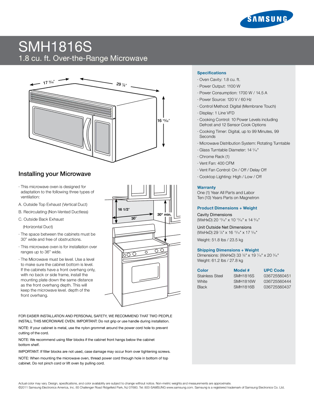 Samsung SMH1816S manual Installing your Microwave, Specifications, Warranty, Product Dimensions + Weight 