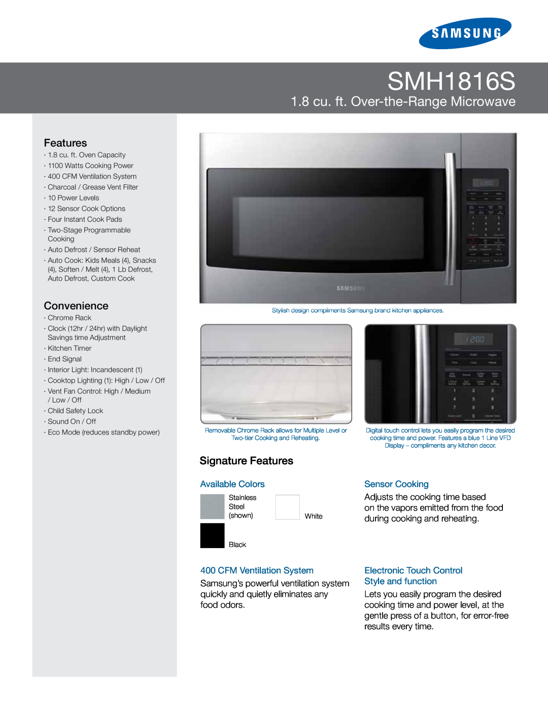 Samsung SMH1816S manual 1.8 cu. ft. Over-the-RangeMicrowave, Convenience, Signature Features, Available Colors 