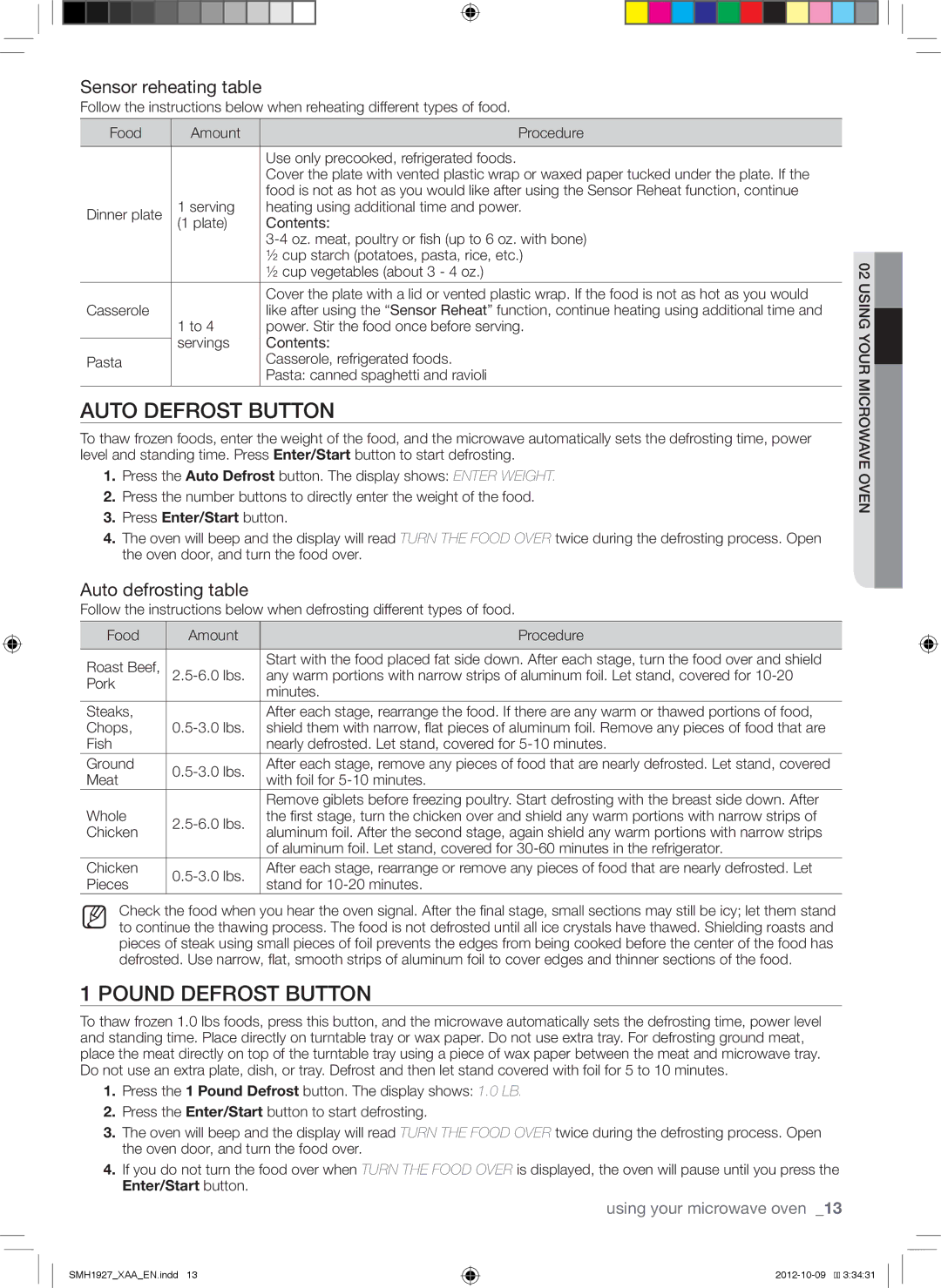 Samsung SMH1927W, SMH1927S Auto Defrost Button, Pound Defrost Button, Sensor reheating table, Auto defrosting table 