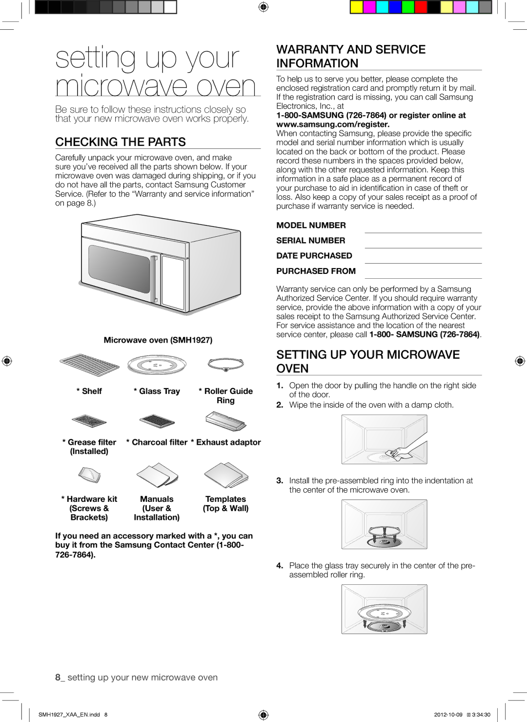 Samsung SMH1927S, SMH1927W, SMH1927B Checking the Parts, Warranty and Service Information, Setting UP Your Microwave Oven 