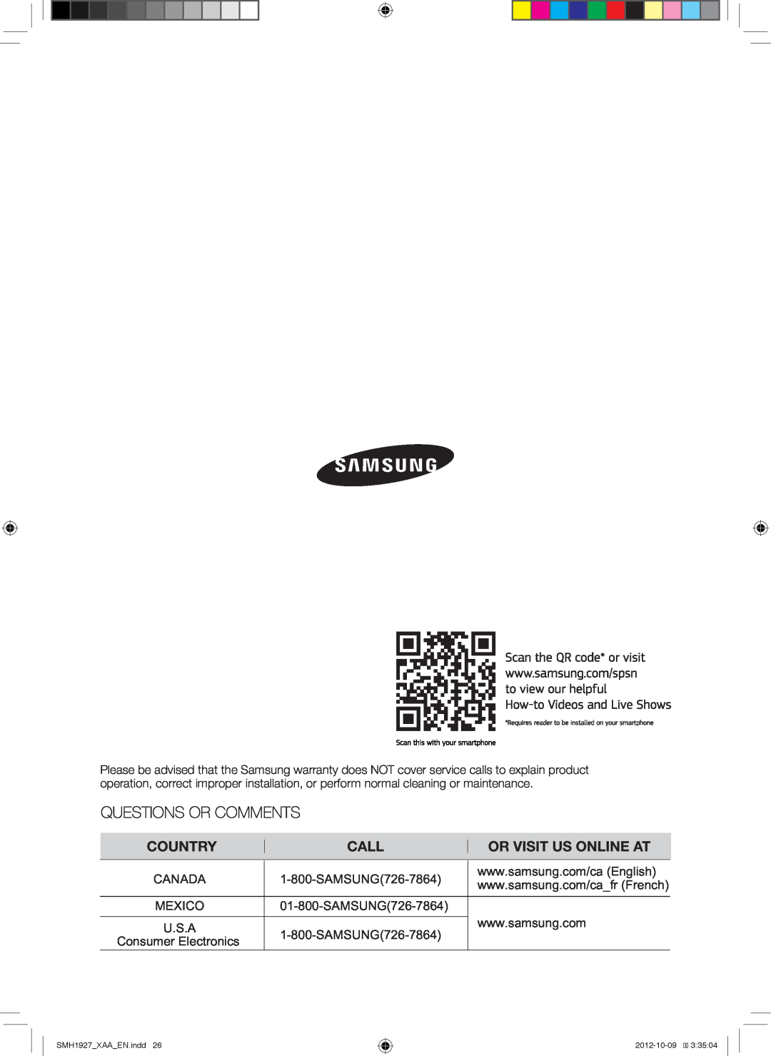 Samsung SMH1927B, SMH1927S, SMH1927W Canada, Mexico, U.S.A, Consumer Electronics, SMH1927 XAA EN.indd, 2012-10-093 