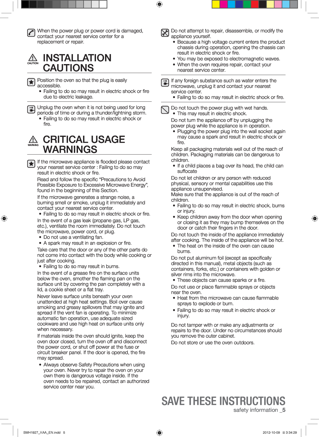 Samsung SMH1927W, SMH1927S, SMH1927B user manual Installation, Save These Instructions, safety information 