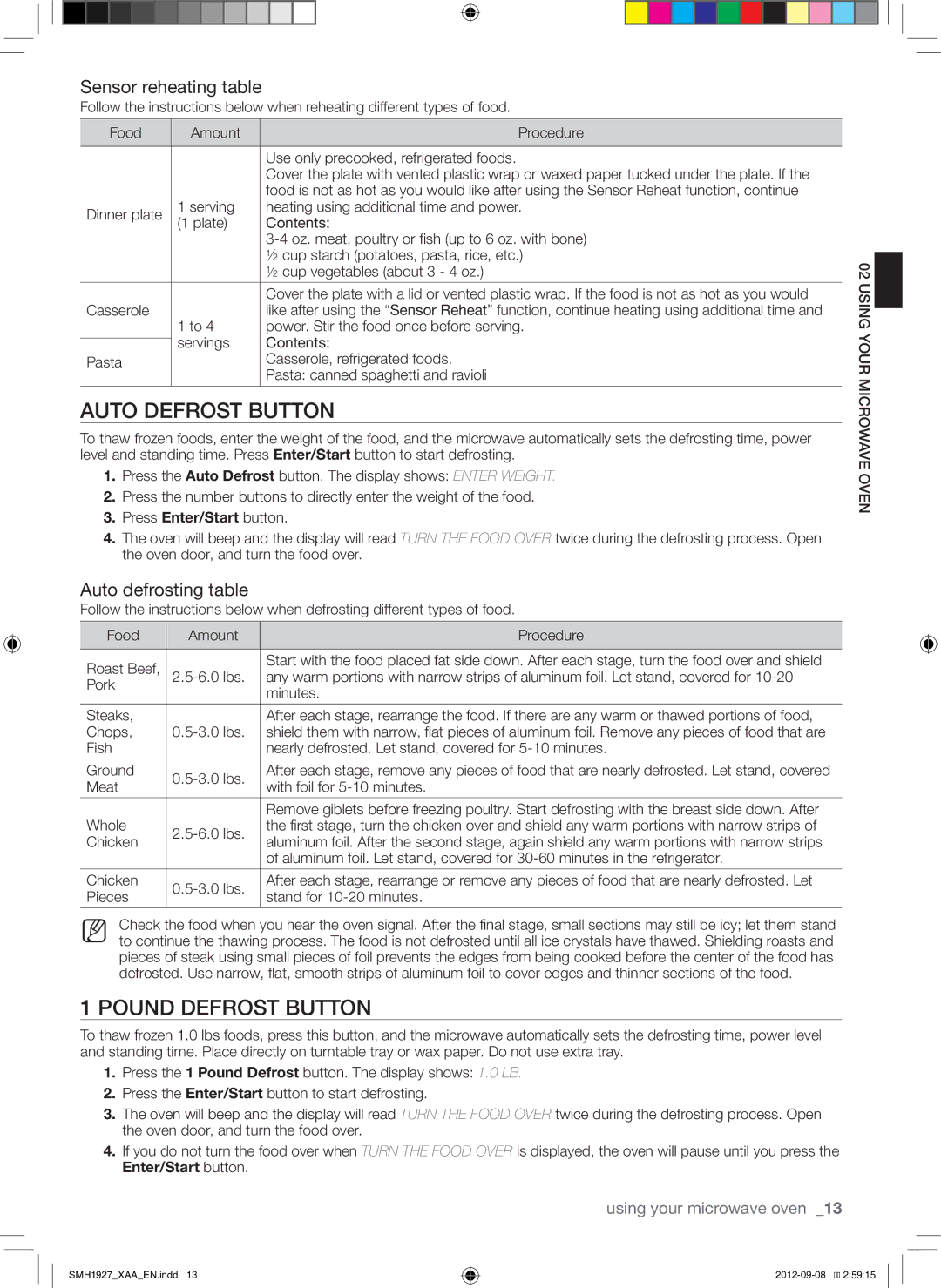 Samsung SMH1927W, SMH1927S Auto Defrost Button, Pound Defrost Button, Sensor reheating table, Auto defrosting table 