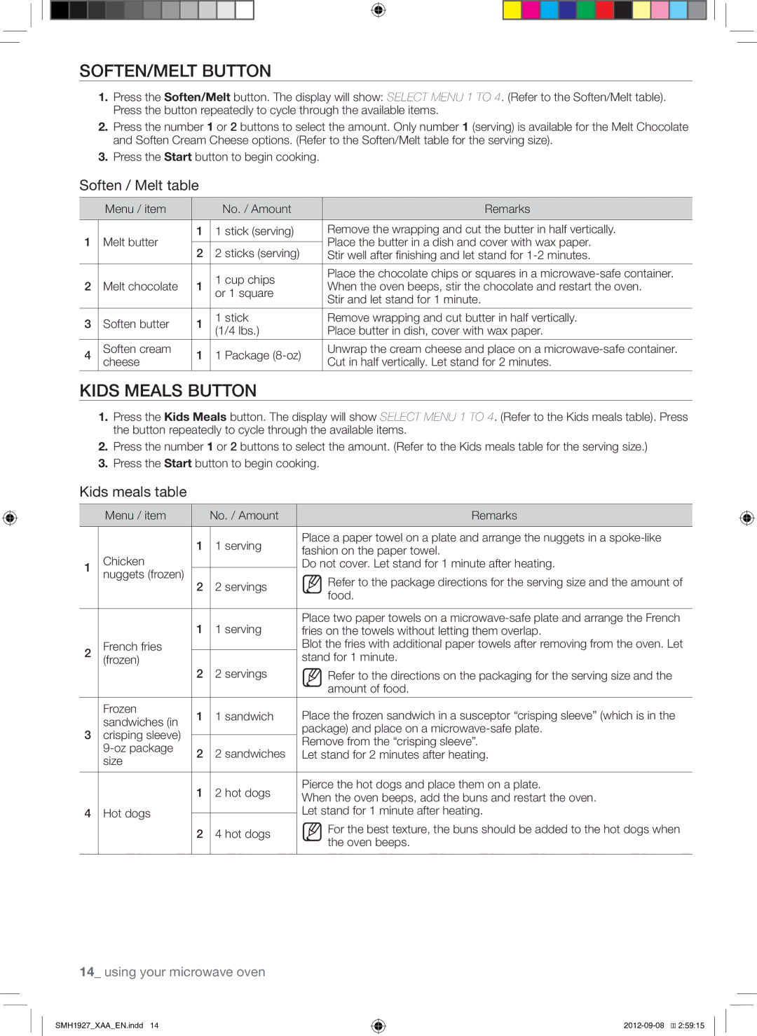 Samsung SMH1927B, SMH1927S, SMH1927W user manual SOFTEN/MELT Button, Kids Meals Button, Soften / Melt table, Kids meals table 