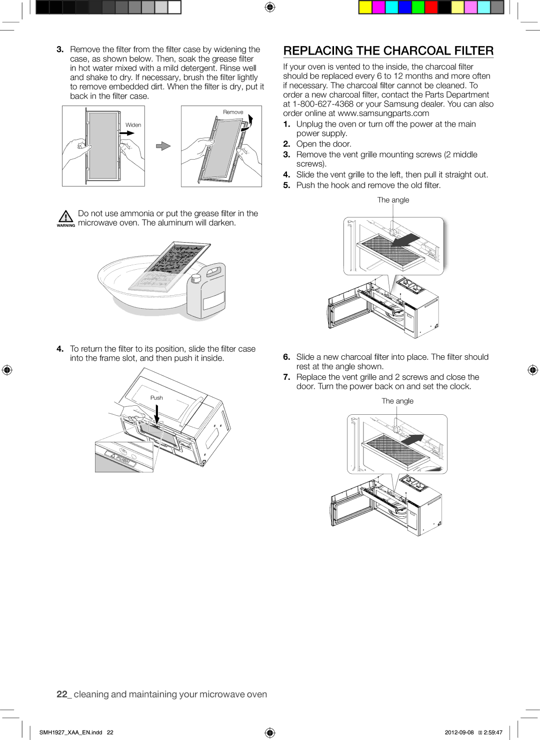 Samsung SMH1927W, SMH1927S, SMH1927B user manual Replacing the Charcoal Filter 