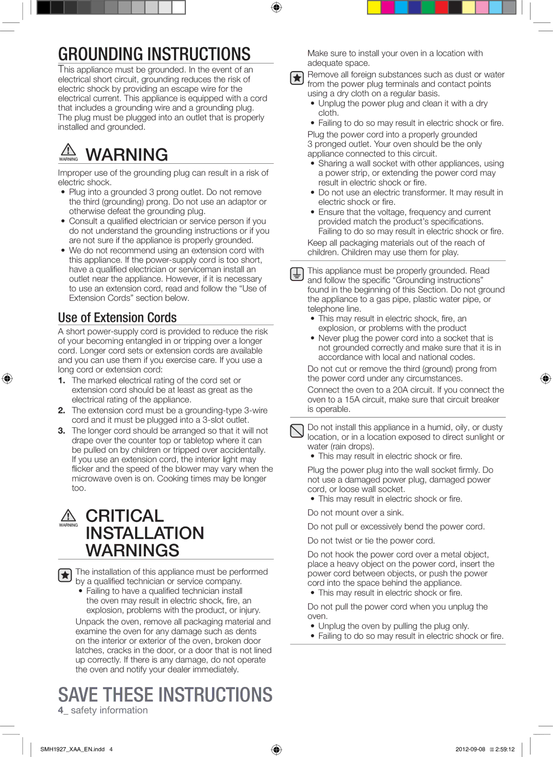 Samsung SMH1927W, SMH1927S, SMH1927B user manual Grounding Instructions 