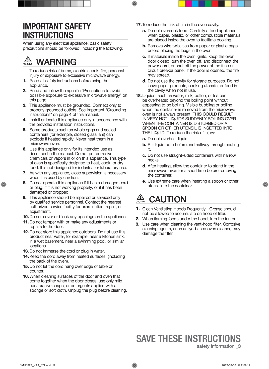 Samsung SMH1927S, SMH1927W, SMH1927B user manual Save These Instructions, Important Safety Instructions, safety information 