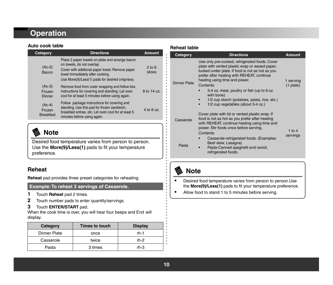 Samsung SMH3150 manual Example To reheat 3 servings of Casserole, Reheat table 