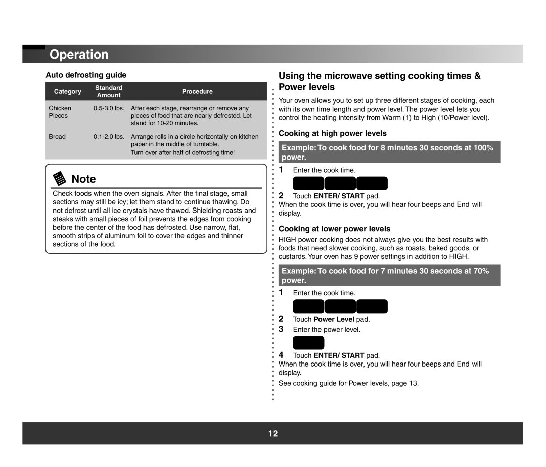 Samsung SMH3150 manual Using the microwave setting cooking times & Power levels, Cooking at high power levels 