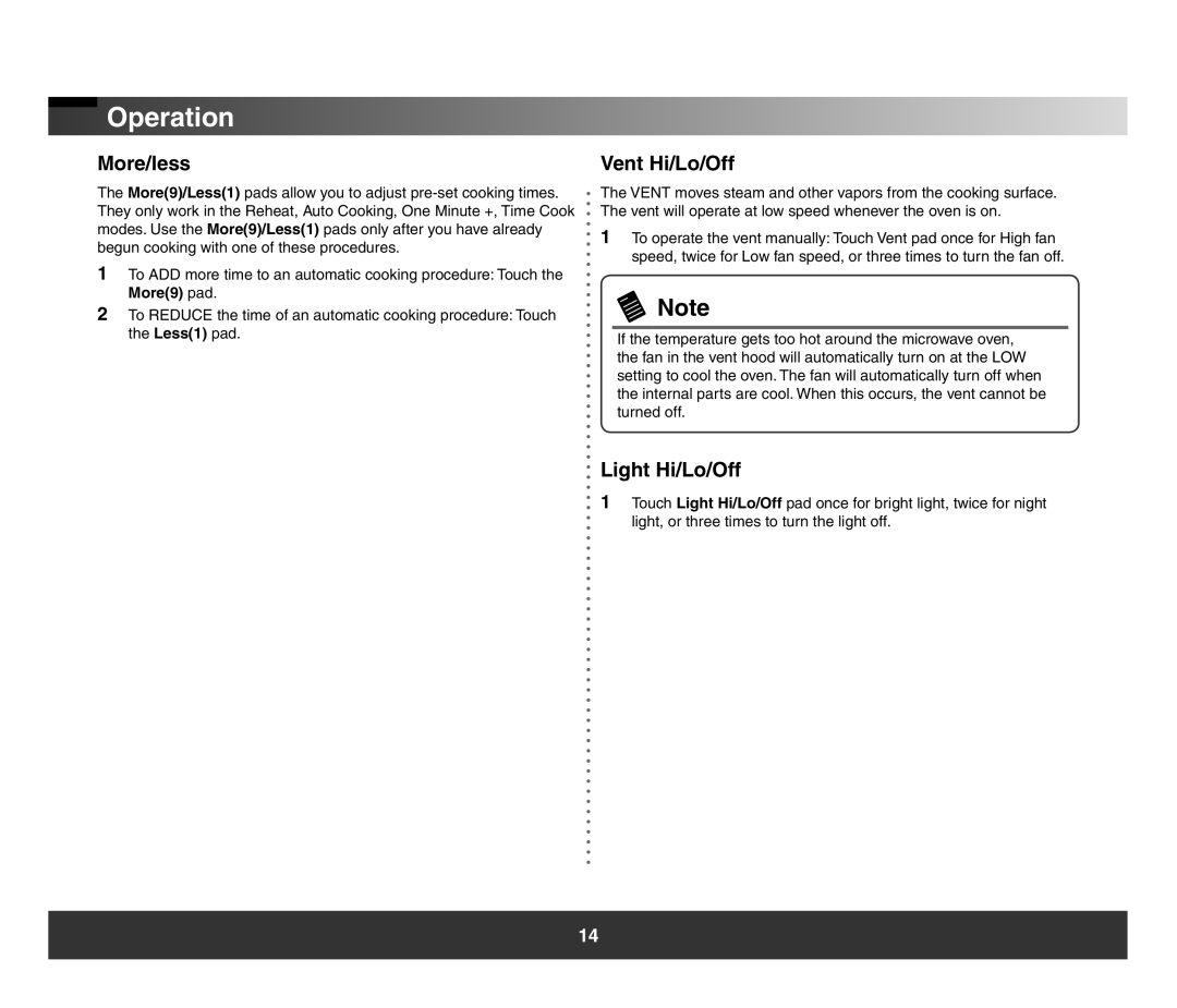 Samsung SMH3150 manual More/less, Vent Hi/Lo/Off, Light Hi/Lo/Off 