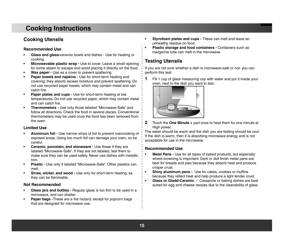 Samsung SMH3150 manual Cooking Instructions, Cooking Utensils, Testing Utensils 