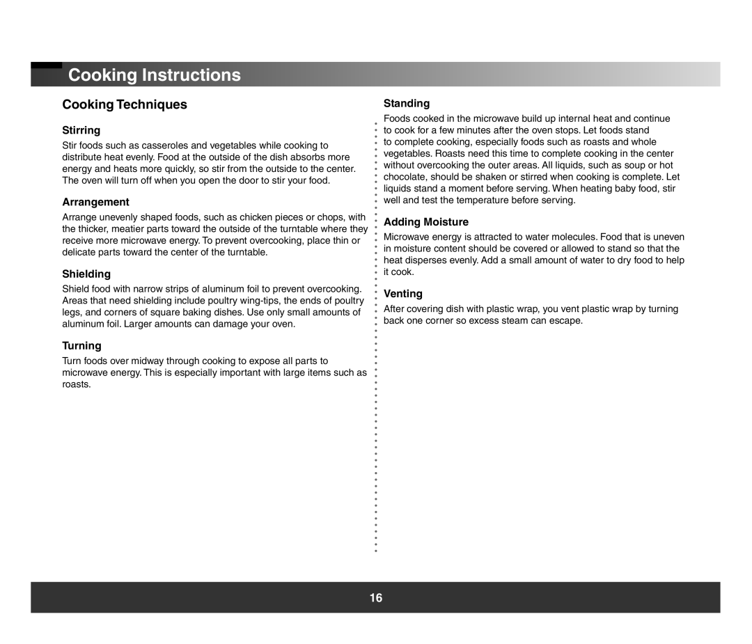 Samsung SMH3150 manual Cooking Instructions, Cooking Techniques 