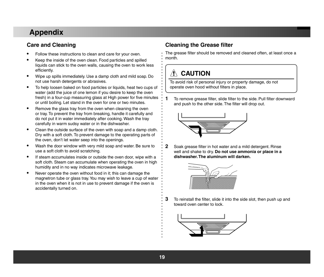 Samsung SMH3150 manual Appendix, Care and Cleaning, Cleaning the Grease filter 