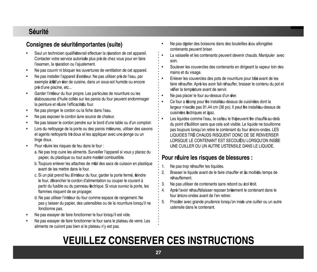 Samsung SMH3150 manual Sécurité, Consignes de sécurité importantes suite 