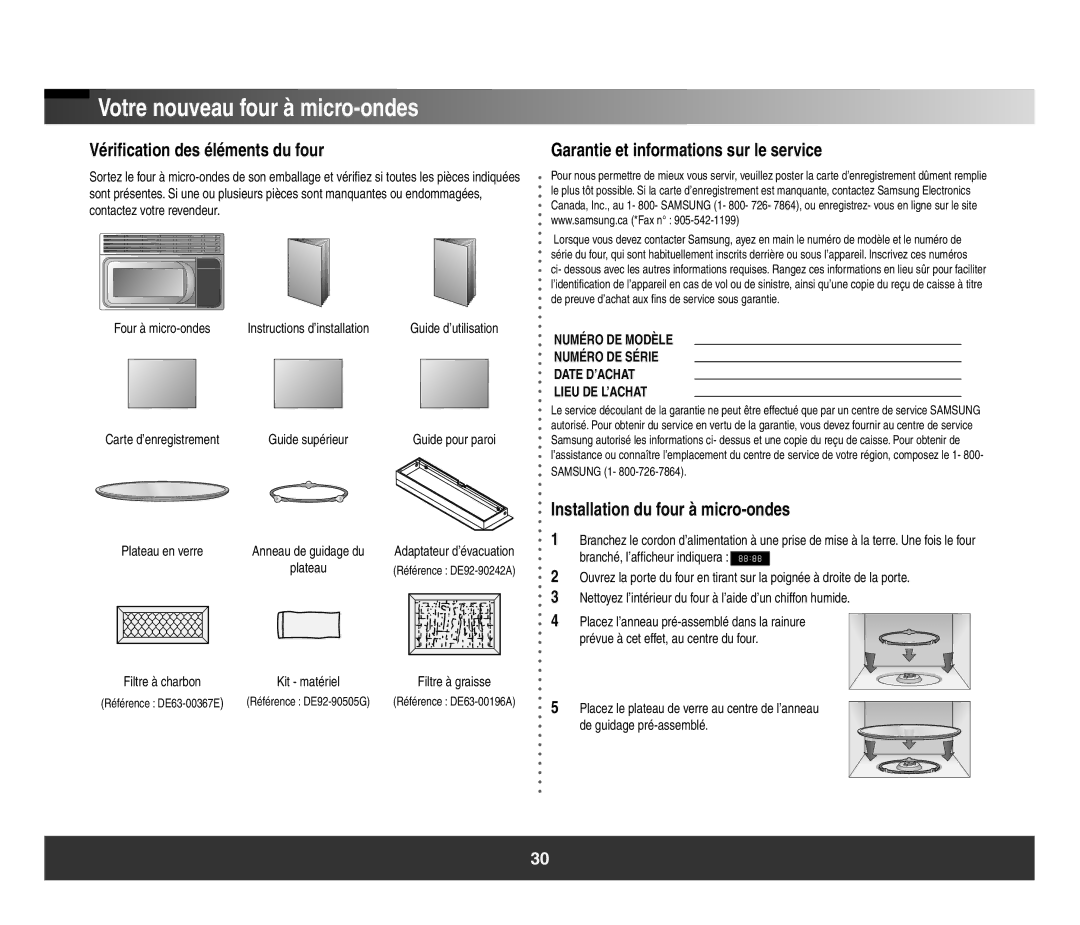 Samsung SMH3150 Votre nouveau four à micro-ondes, Vérification des éléments du four, Installation du four à micro-ondes 