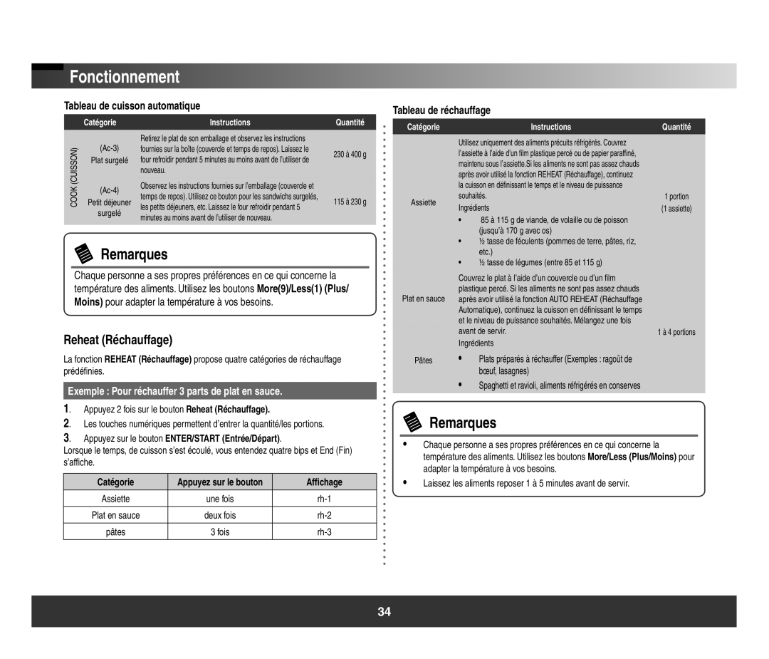 Samsung SMH3150 manual Reheat Réchauffage, Exemple Pour réchauffer 3 parts de plat en sauce, Tableau de réchauffage 