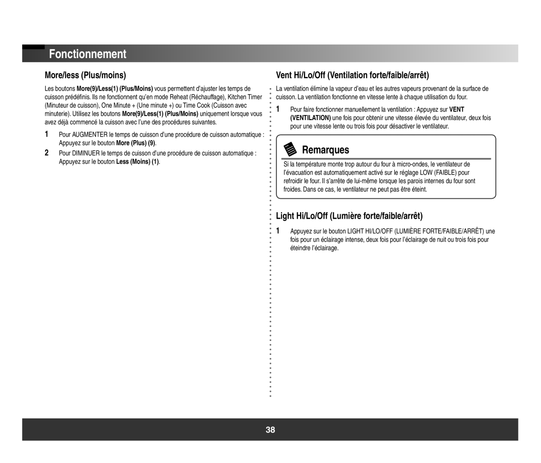 Samsung SMH3150 manual More/less Plus/moins, Vent Hi/Lo/Off Ventilation forte/faible/arrêt 