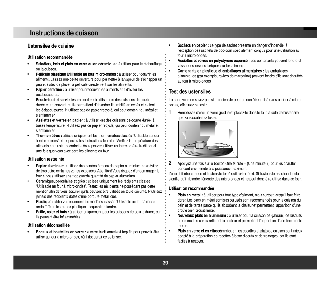 Samsung SMH3150 manual Instructions de cuisson, Ustensiles de cuisine, Test des ustensiles 