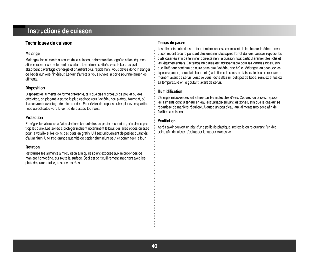 Samsung SMH3150 manual Instructions de cuisson, Techniques de cuisson 