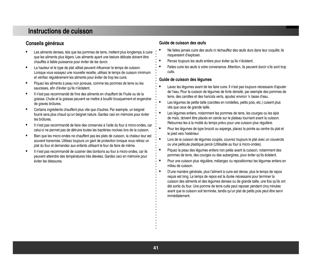 Samsung SMH3150 manual Conseils généraux, Guide de cuisson des œufs, Guide de cuisson des légumes 