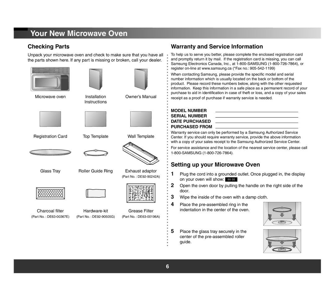 Samsung SMH3150 Your New Microwave Oven, Checking Parts, Warranty and Service Information, Setting up your Microwave Oven 