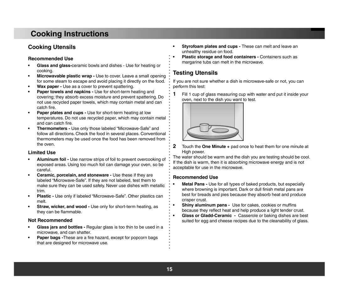Samsung SMH3150 Cooking Instructions, Cooking Utensils, Testing Utensils, Recommended Use, Limited Use, Not Recommended 
