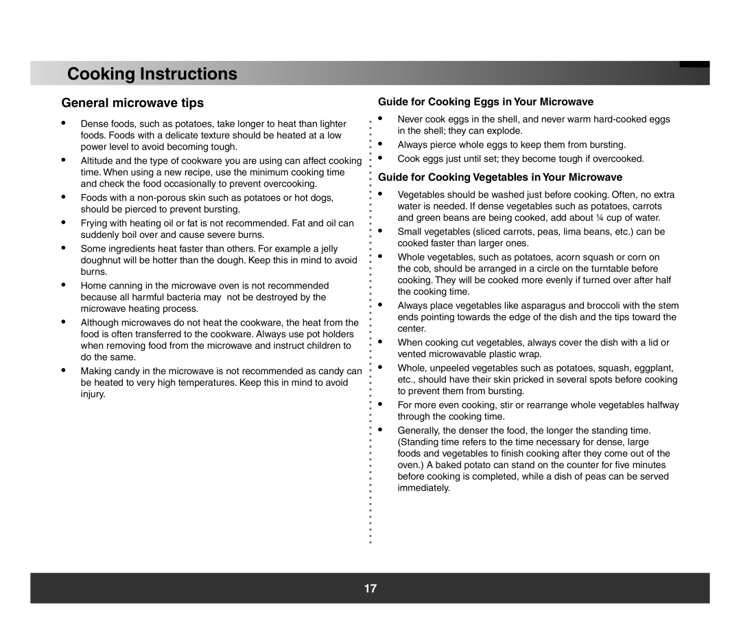 Samsung SMH3150 manual General microwave tips, Guide for Cooking Eggs in Your Microwave, Cooking Instructions 