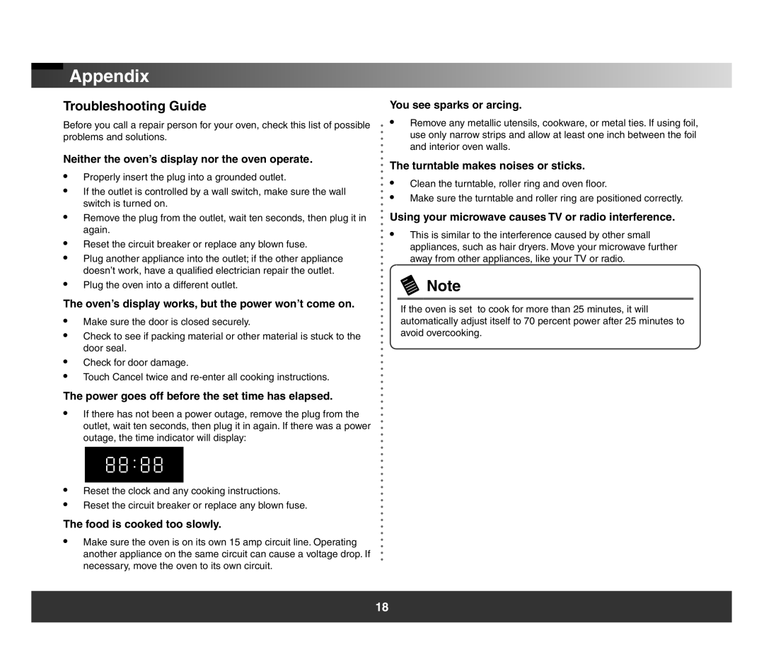 Samsung SMH3150 Appendix, Troubleshooting Guide, Neither the oven’s display nor the oven operate, You see sparks or arcing 