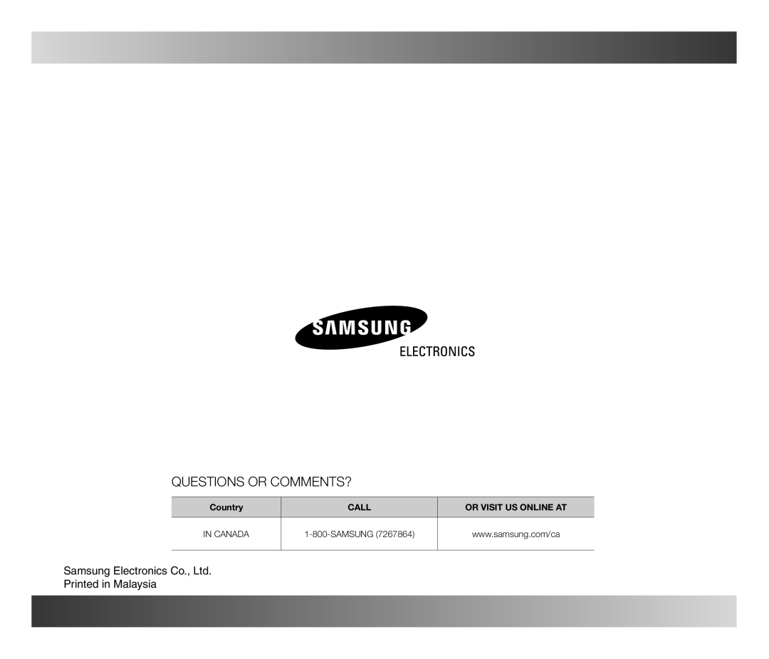 Samsung SMH3150 manual Questions Or Comments?, Country, Call, Or Visit Us Online At, In Canada, Samsung 