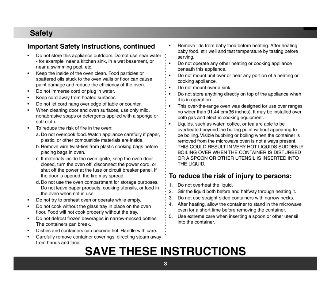 Samsung SMH3150 manual Important Safety Instructions, continued, To reduce the risk of injury to persons 
