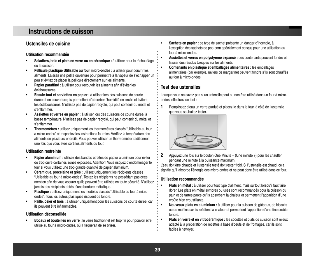 Samsung SMH3150 manual Instructions de cuisson, Ustensiles de cuisine, Test des ustensiles, Utilisation recommandée 