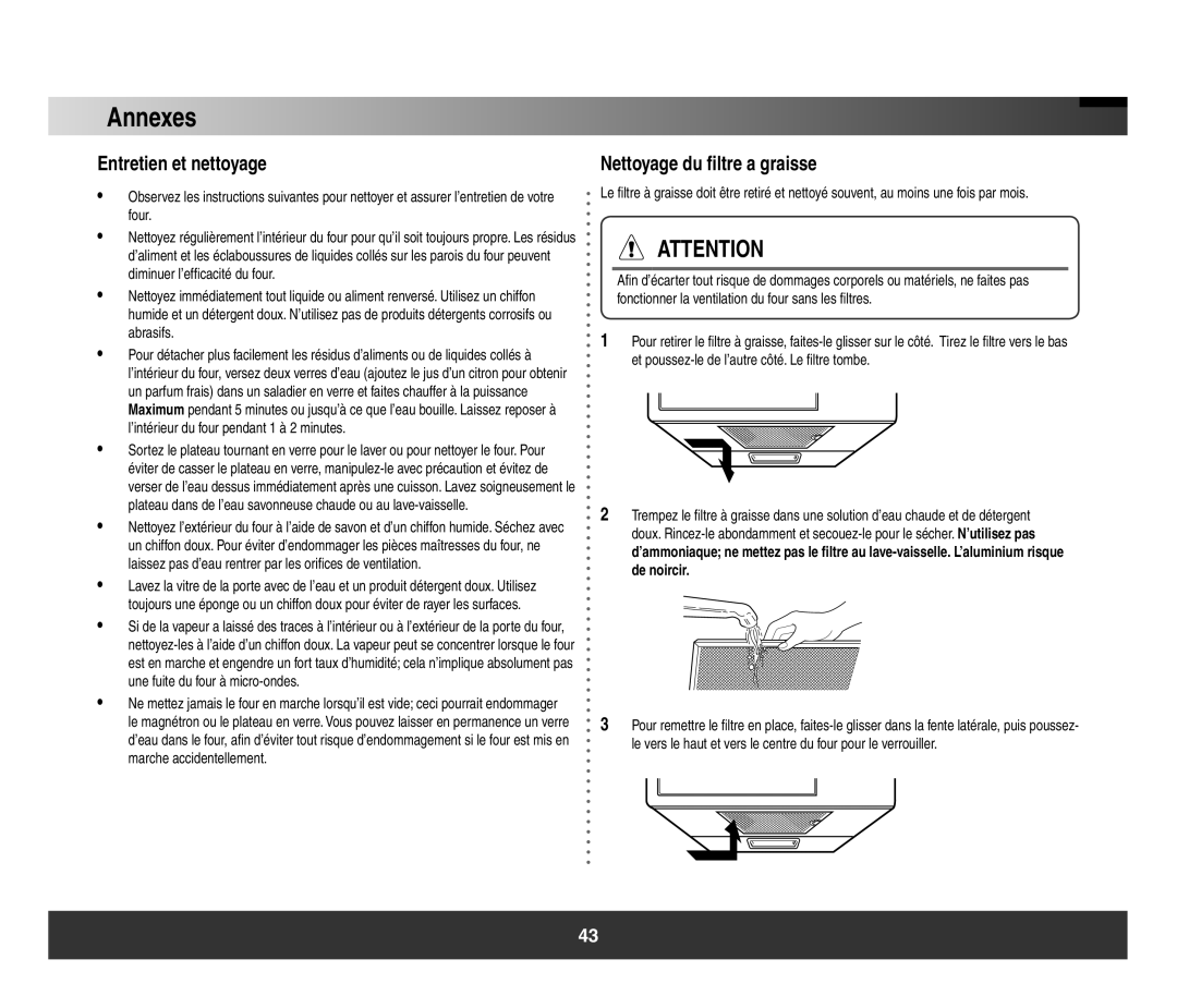 Samsung SMH3150 manual Annexes, Entretien et nettoyage, Nettoyage du filtre a graisse 