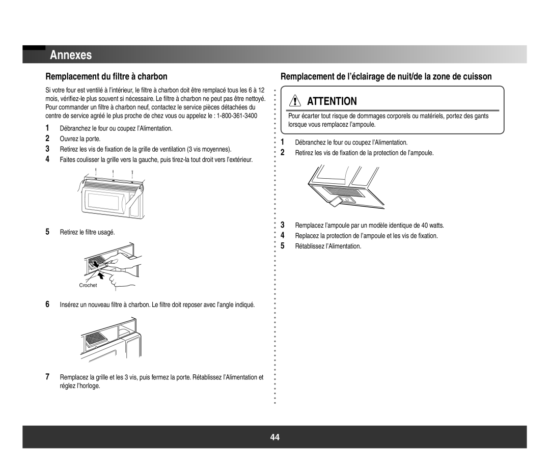 Samsung SMH3150 manual Remplacement du filtre à charbon, Annexes, Remplacement de l’éclairage de nuit/de la zone de cuisson 
