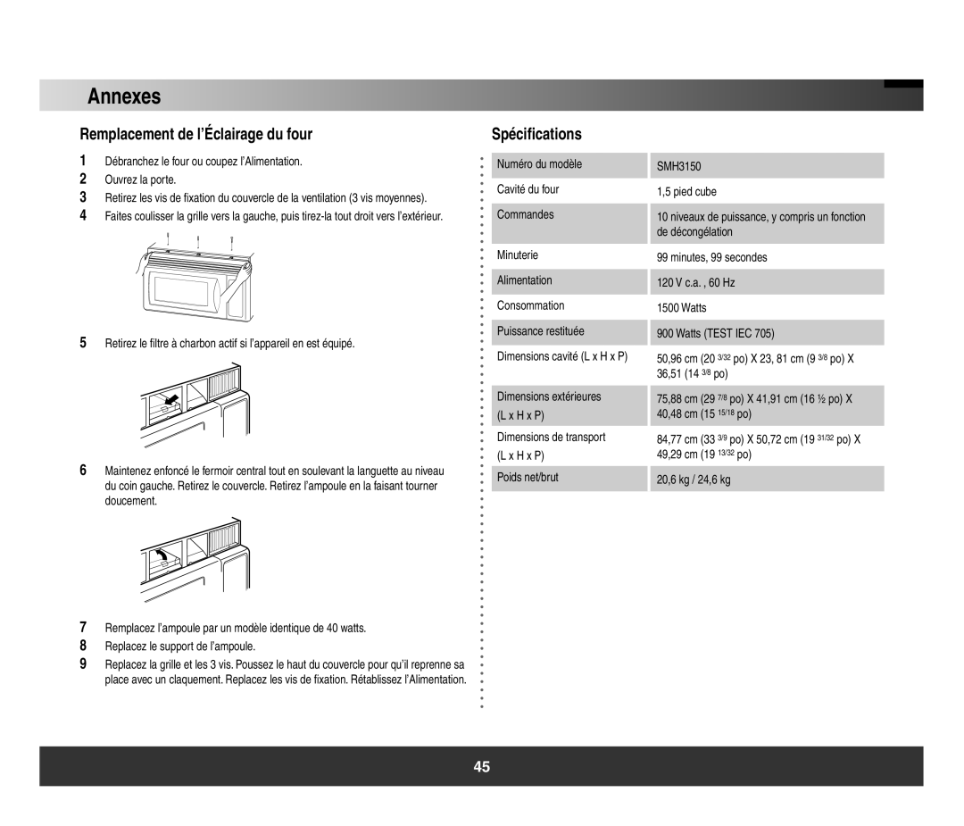 Samsung SMH3150 manual Remplacement de l’Éclairage du four, Spécifications, Annexes, Dimensions extérieures L x H x P 