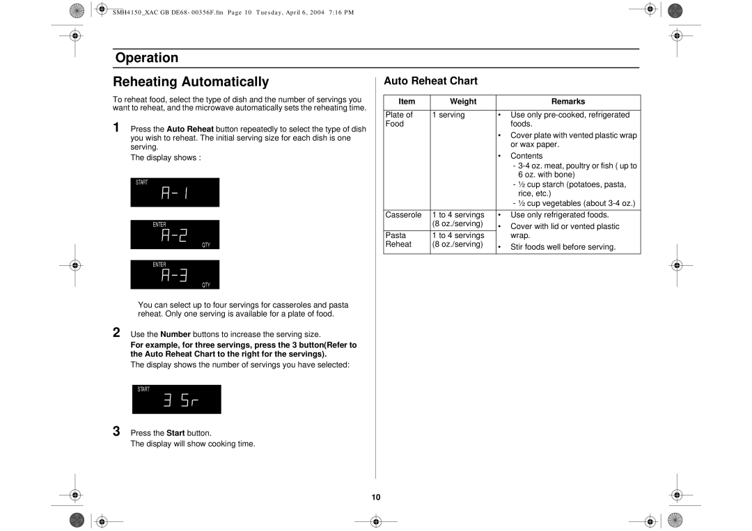 Samsung SMH4150 owner manual Operation Reheating Automatically, Auto Reheat Chart 