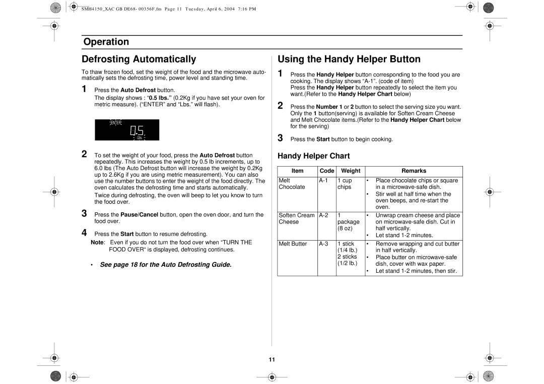 Samsung SMH4150 owner manual Handy Helper Chart, Code Weight Remarks 