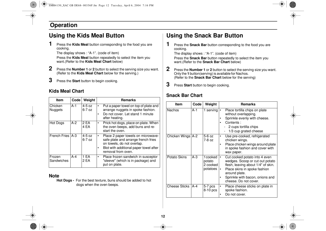 Samsung SMH4150 owner manual Kids Meal Chart Snack Bar Chart 