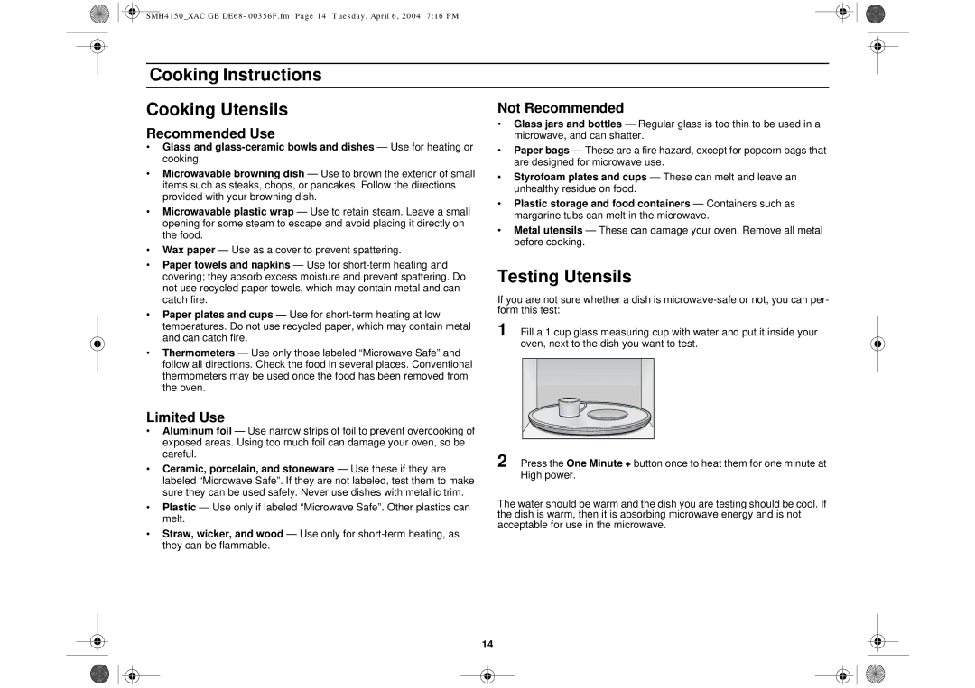 Samsung SMH4150 Cooking Instructions Cooking Utensils, Testing Utensils, Recommended Use, Limited Use, Not Recommended 