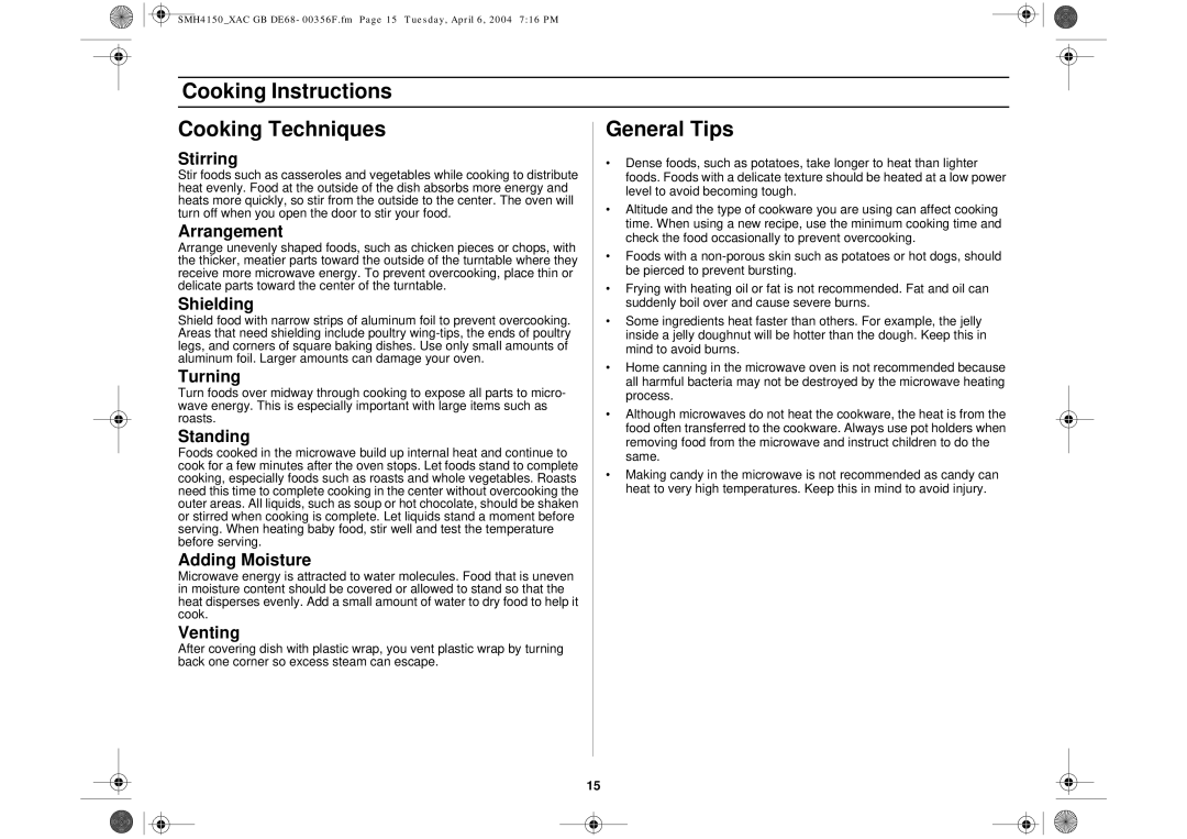 Samsung SMH4150 owner manual Cooking Instructions Cooking Techniques General Tips 