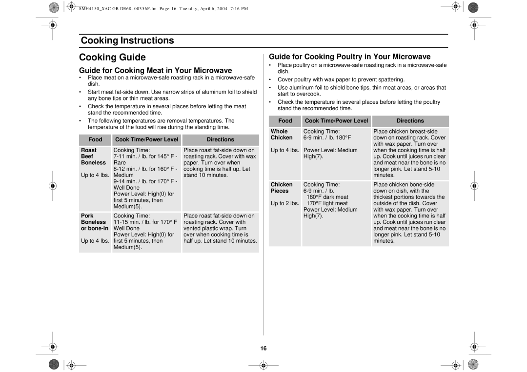 Samsung SMH4150 owner manual Cooking Instructions Cooking Guide, Guide for Cooking Poultry in Your Microwave 